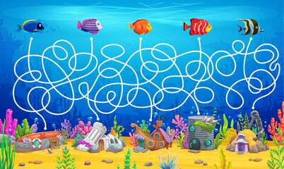 Aufkleber - Kids labyrinth maze game, help to sea fishes find their underwater house buildings. Pathfinder maze, labyrinth children riddle or puzzle vector worksheet with ocean or sea fishes, underwater homes