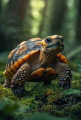 Poster - Close-Up Portrait of a Colorful Turtle Crawling on Lush Green Moss in a Sunlit Forest Setting with Natural Background and Soft Focus
