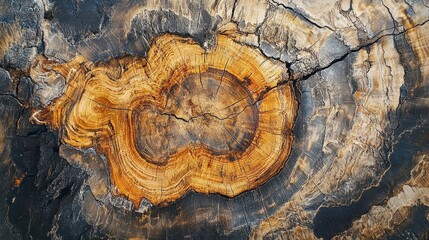 Detailed cross-section of an aged tree trunk, showing intricate rings and cracks. Perfect for backgrounds, textures, and nature-themed designs.