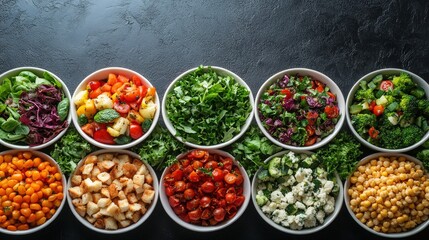 Canvas Print - Freshly prepared bowls of colorful salads arranged on a dark surface, showcasing vibrant ingredients