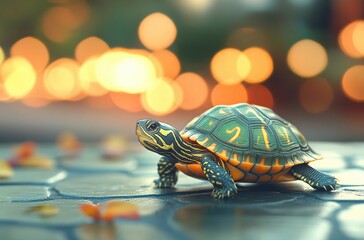 Poster - Cute turtle with intricate shell pattern resting on a stone surface against a beautifully blurred bokeh background with warm tones and soft lighting.