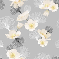 Wall Mural - Floral seamless pattern features delicate soft white California Poppy flowers and black and white linear leaves on gray background