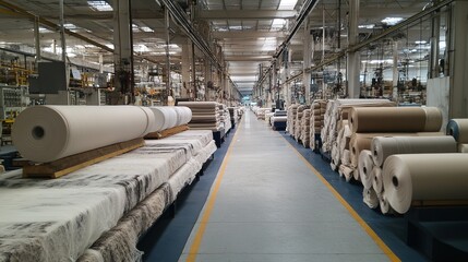 Poster - rows of textile products being manufactured and packaged for shipping.