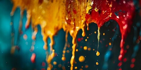 Poster - a painting with a blue background and splatters of red, yellow, and orange paint