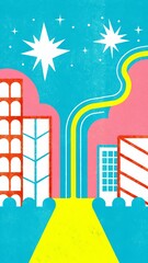 Poster - A cityscape with a yellow line on the ground