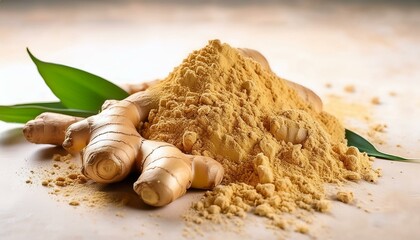 Wall Mural - Fresh ginger root and its powder.  A healthy and flavorful spice.