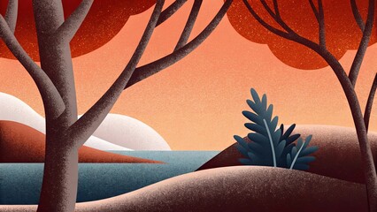 Poster - A tree is in the foreground of a painting of a forest