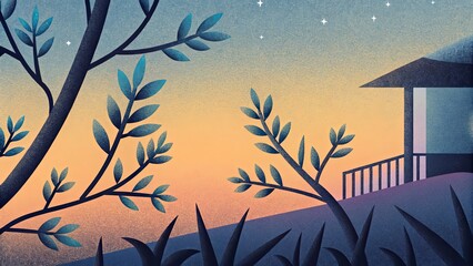 Poster - A house is in the background of a painting of a tree