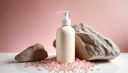 Wall Mural - Creamy lotion bottle on pink background with rocks and bath salts. Minimalist product display.