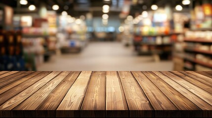 Aufkleber - Rustic wooden tabletop with a softly blurred supermarket aisle in the background. Ideal for product displays, food advertisements, or promotional designs