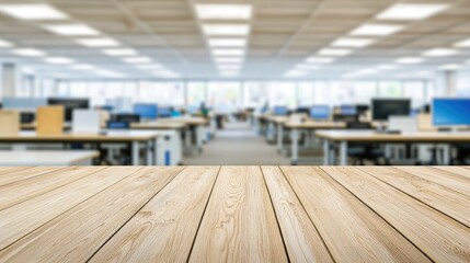 Aufkleber - Bright wooden tabletop with a blurred modern office environment in the background. Perfect for corporate presentations, workspace promotions, or digital design projects