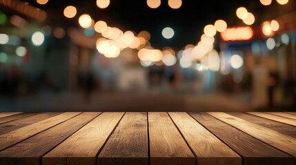 Aufkleber -  Rustic wooden table surface with a blurred background featuring warm bokeh lights, ideal for showcasing food, drinks, or festive products in a cozy setting