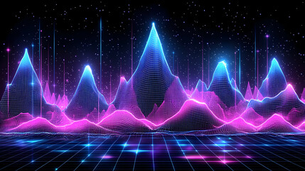 Poster - Neon data peaks, digital landscape, glowing grid. Stock use