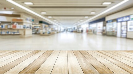 Aufkleber - Wooden table with a bright, modern retail or office corridor in the background. Ideal for showcasing products, advertisements, or branding in clean, spacious settings