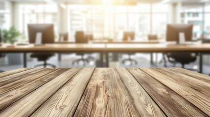 Aufkleber - Rustic wooden tabletop with a blurred modern office background featuring computers and sunlight. Ideal for business presentations, work-related advertisements, and office-themed designs