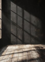 Wall Mural - Sunlit dark room interior with wooden floor and textured wall.