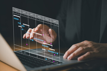 Fototapete - Business person with time project management activity to improve productivity, process optimization and lean organization. Business and production improvement by time and resource planning