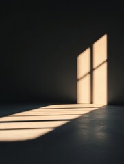 Wall Mural - sunlight streams through a window in a dark room, casting shadows on the floor.