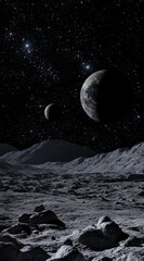 alien planet landscape with two planets and stars in night sky.