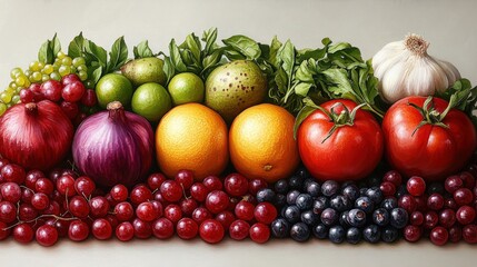 Wall Mural - A vibrant arrangement of fresh fruits and vegetables on a neutral background, showcasing colors and textures