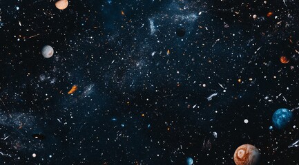 cosmic expanse filled with planets, stars, nebulae, and celestial dust.