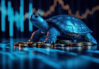 Poster - Blue Turtle and Coins on Financial Background with Candlestick Chart Illustrating Slow and Steady Wins in Investment Strategy and Wealth Growth Concepts