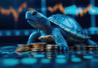 Poster - Blue turtle on a stack of coins with financial charts background representing growth, stability, investment, and future wealth planning in a digital format