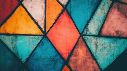 Fototapete - Brightly colored geometric shapes in various hues form a striking pattern against a textured backdrop, showcasing creativity and design