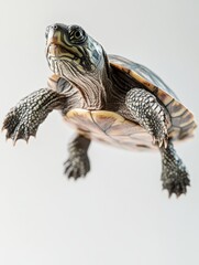 Poster - Captivating Turtle in Mid-Air Pose Against Soft Background, Unique Perspective Highlighting Details of Shell and Expression, Ideal for Nature and Wildlife Themes