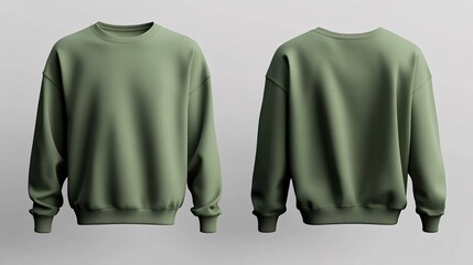 Olive green crewneck sweatshirt mockup, front and back view, plain background, apparel design