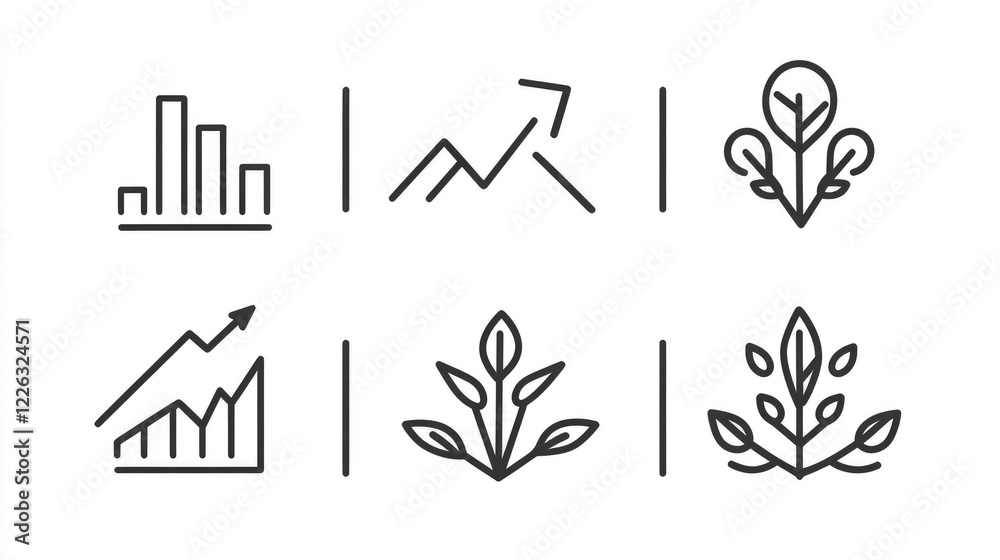 Growing graph icon set in line style. Business chart with arrow ...