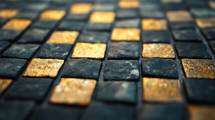 Poster - Intricate black and gold tiles form a captivating mosaic pattern, showcasing elegance and artistic craftsmanship