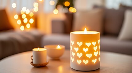 Wall Mural - Cozy living room ambiance with heart-shaped candles illuminating a warm, inviting atmosphere