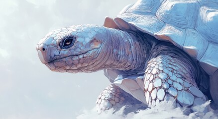 Poster - Close-Up of a Majestic Tortoise with Detailed Scales and Calm Expression in a Soft, Dreamy Environment Displaying Natural Beauty and Serenity