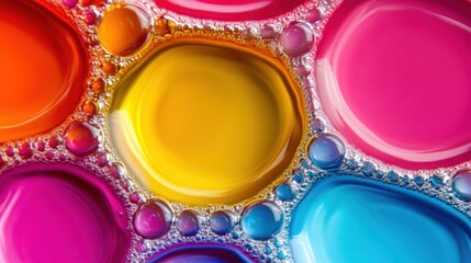 Poster - Vivid oil and water bubbles interconnect in various shapes, producing a stunning array of colors and patterns that captivate the eye