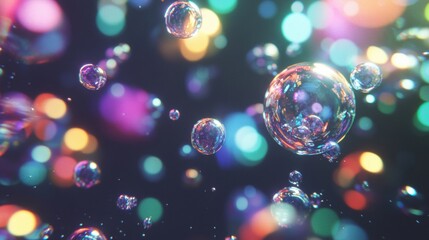 Poster - Bubbles of various sizes and colors hover in a dark environment, reflecting and refracting light to create an enchanting display