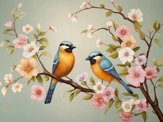 Wall Mural - bird on a branch. feather, blue, robin, tree, colorful, beautiful, avian,Ai generated 