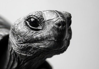 Poster - Close-Up of a Tortoise's Head Displaying Intricate Texture in Black and White Photography, Perfect for Nature and Wildlife Themes
