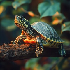 Poster - Close-up of a vibrant turtle basking on a log surrounded by lush green leaves in a serene natural habitat setting, showcasing intricate shell patterns and textures