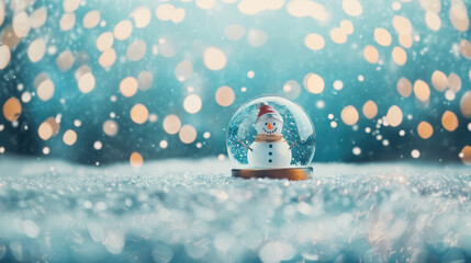 Wall Mural - A beautiful snow globe featuring a snowman inside, set against a soft, festive Christmas scene with falling snowflakes.