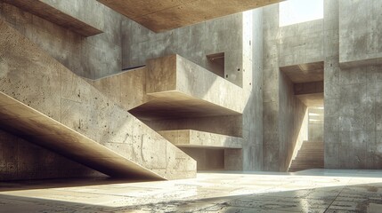 Poster - Brutalist Concrete Structure with Bold Angular Forms and Light Play