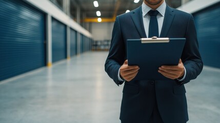 Leinwandbilder - A professional man in a suit stands in a warehouse, holding a clipboard, surrounded by storage units, suggesting an inspection or logistics task.