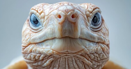 Poster - Close-Up Portrait of an Adorable Tortoise with Unique Features Showcasing Texture and Expression in a Light Background