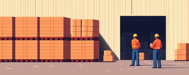 Poster - Two workers in safety helmets stand near stacked pallets in front of a warehouse, discussing operations and logistics.