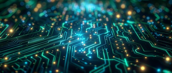 Poster - Intricate Glowing Blue and Green Wire Patterns on Digital Surface