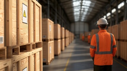 Poster - A warehouse worker in safety gear stands in an aisle between wooden crates, emphasizing safety in a well-organized storage environment.