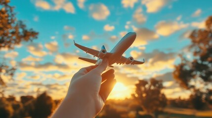 Wall Mural - a hand grips a toy airplane, silhouetted against a stunning sunset with clouds reflecting warm color
