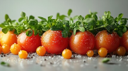 Wall Mural - Fresh red and yellow tomatoes garnished with herbs and salt on a reflective surface