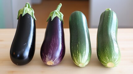 Wall Mural - Two eggplants and two zucchini on wood. Illustrates variety in vegetable sizes and colors for cooking or food blogs.