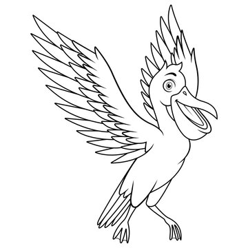 Cartoon happy pelican bird flying line art
